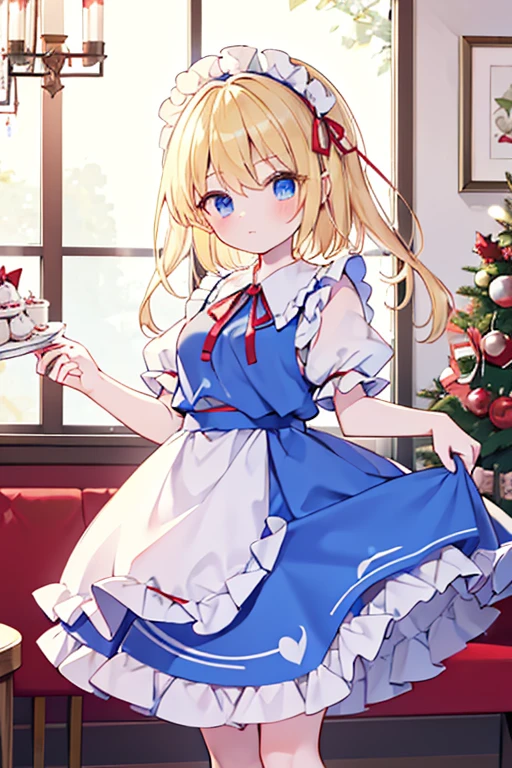 1girl, alice margatroid (touhou), blue eyes, medium hair, blonde hair, white capelet, blue dress, frilled dress, frilled ascot, red ascot, puffy short sleeves, red hairband, lolita hairband, frilled hairband, grimoire of alice, doll, shanghai_doll_(touhou), blonde_hair, blue_eyes apron, boots, dress, hair_bow, red ribbon on head, weapon, lance, maid, doll It's Christmas night, and we're having a fun Christmas party with seven colorful dolls and lots of sweets.
Eat a giant roast turkey in a restaurant with the characters from the Touhou Project(touhou)