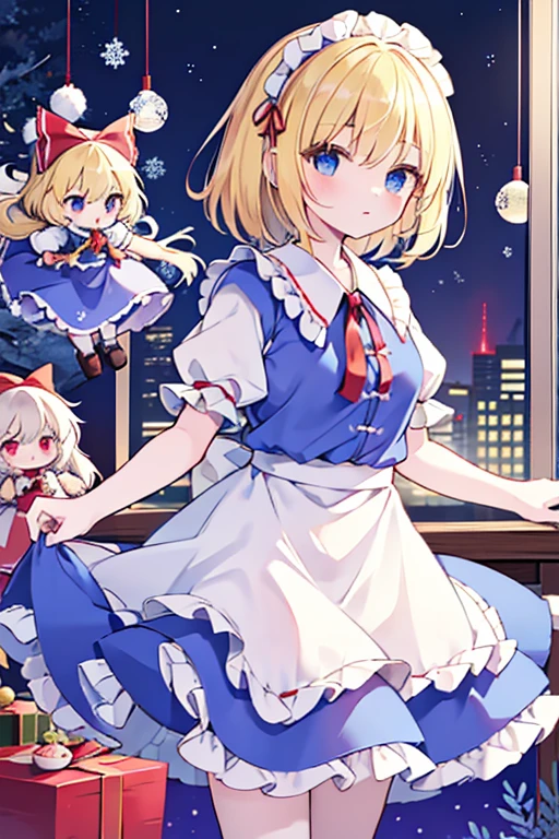 1girl, alice margatroid (touhou), blue eyes, medium hair, blonde hair, white capelet, blue dress, frilled dress, frilled ascot, red ascot, puffy short sleeves, red hairband, lolita hairband, frilled hairband, grimoire of alice, doll, shanghai_doll_(touhou), blonde_hair, blue_eyes apron, boots, dress, hair_bow, red ribbon on head, weapon, lance, maid, doll It's Christmas night, and we're having a fun Christmas party with seven colorful dolls and lots of sweets.
Eat a giant roast turkey in a restaurant with the characters from the Touhou Project(touhou)