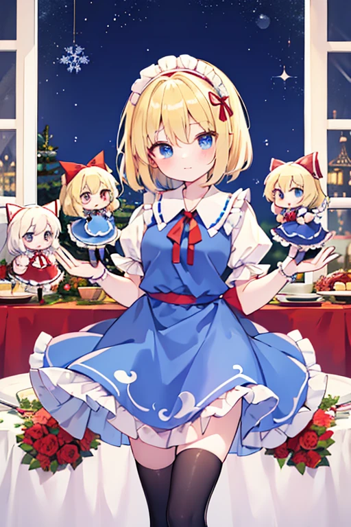 1girl, alice margatroid (touhou), blue eyes, medium hair, blonde hair, white capelet, blue dress, frilled dress, frilled ascot, red ascot, puffy short sleeves, red hairband, lolita hairband, frilled hairband, grimoire of alice, doll, shanghai_doll_(touhou), blonde_hair, blue_eyes apron, boots, dress, hair_bow, red ribbon on head, weapon, lance, maid, doll It's Christmas night, and we're having a fun Christmas party with seven colorful dolls and lots of sweets.
Eat a giant roast turkey in a restaurant with the characters from the Touhou Project(touhou)