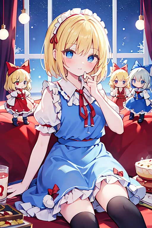 1girl, alice margatroid (touhou), blue eyes, medium hair, blonde hair, white capelet, blue dress, frilled dress, frilled ascot, red ascot, puffy short sleeves, red hairband, lolita hairband, frilled hairband, grimoire of alice, doll, shanghai_doll_(touhou), blonde_hair, blue_eyes apron, boots, dress, hair_bow, red ribbon on head, weapon, lance, maid, doll It's Christmas night, and we're having a fun Christmas party with seven colorful dolls and lots of sweets.
Eat a giant roast turkey in a restaurant with the characters from the Touhou Project(touhou)