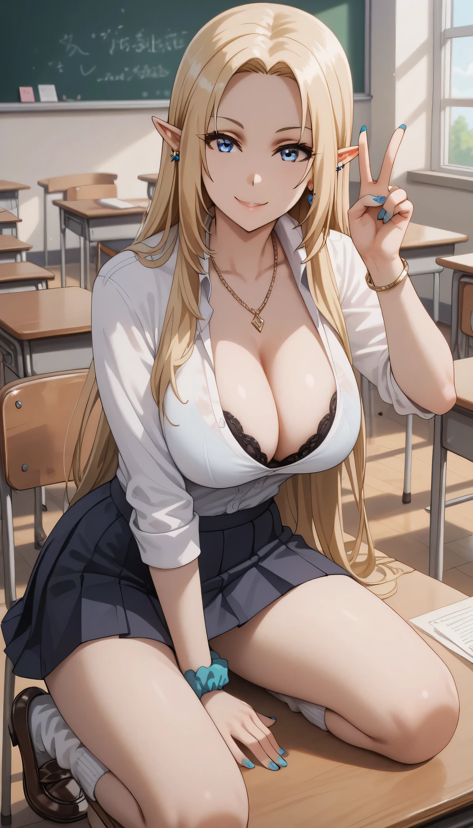 Tall girl, Fit girl,score_9, score_8_up, score_7_up, score_6_up, uncensored, ultra-detailed, 1girl, alpha, elf, ((masterpiece)), (best quality), (highres), 16K, perfect face, long hair, blue eyes, blonde hair, pointy ears, black bikini, shoes, huge breast, 1girl, kogal, loose_socks, solo, jewelry, breasts, wrist_scrunchie, skirt, large_breasts, necklace, school_uniform, smile, looking_at_viewer, cleavage, scrunchie, socks, hand_on_hip, earrings, bracelet, shoes, loafers, v, nail_polish, sweater, black_skirt, white skin, sit down at table, classroom, indoors, Afternoon, afternoon light, empty classroom