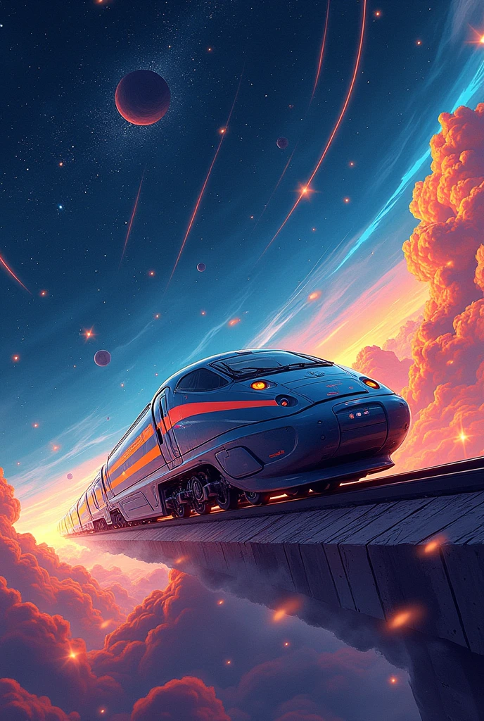 A futuristic train transcending time and space, showcasing powerful and dynamic designs, in a vibrant illustration style, with intricate details and a sense of motion, featuring sleek lines and advanced technology. The background depicts an expansive cosmic landscape filled with stars and swirling galaxies.