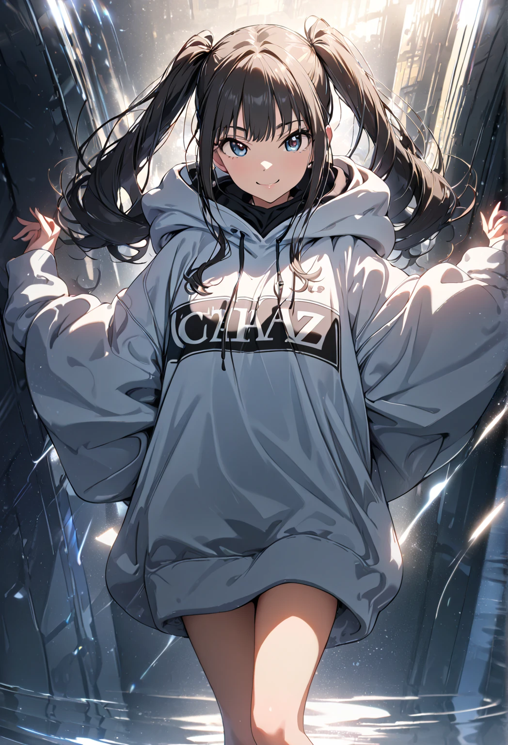 (masterpiece:1.2,  best quality), ( high definition),    1 girl  , Long legs,  twin tails,  oversized hoodie,  standing, smile, Volumetric Lighting, Best Shadow,  shallow depth of field, (  best quality , Amazing Details:1.25), 