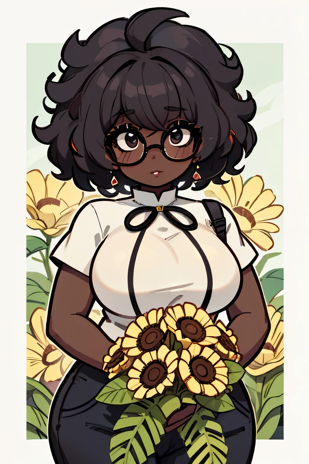 Solo, female, dark skin, curly hair, (((short hair))), Black afro, curly afro,  lipstick, eyeliner, eyelashes, thick eyelashes, dark skin glasses, mature female, chubby face, flowers in hair