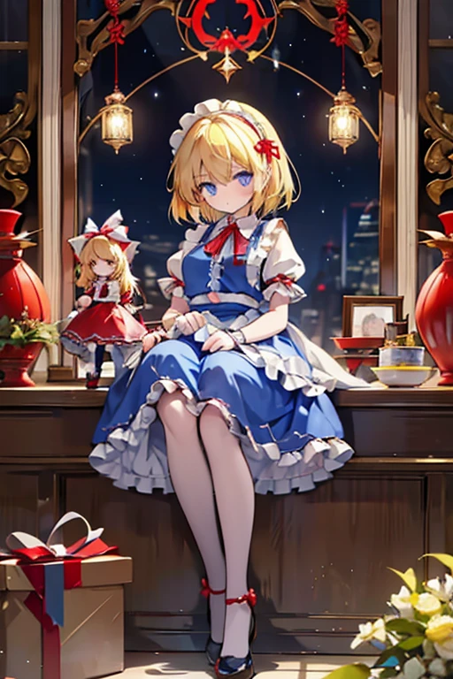 1girl, alice margatroid (touhou), blue eyes, medium hair, blonde hair, white capelet, blue dress, frilled dress, frilled ascot, red ascot, puffy short sleeves, red hairband, lolita hairband, frilled hairband, grimoire of alice, doll, shanghai_doll_(touhou), blonde_hair, blue_eyes apron, boots, dress, hair_bow, red ribbon on head, weapon, lance, maid, doll It's Christmas night, and we're having a fun Christmas party with seven colorful dolls and lots of sweets.
Eat a giant roast turkey in a restaurant with the characters from the Touhou Project(touhou)