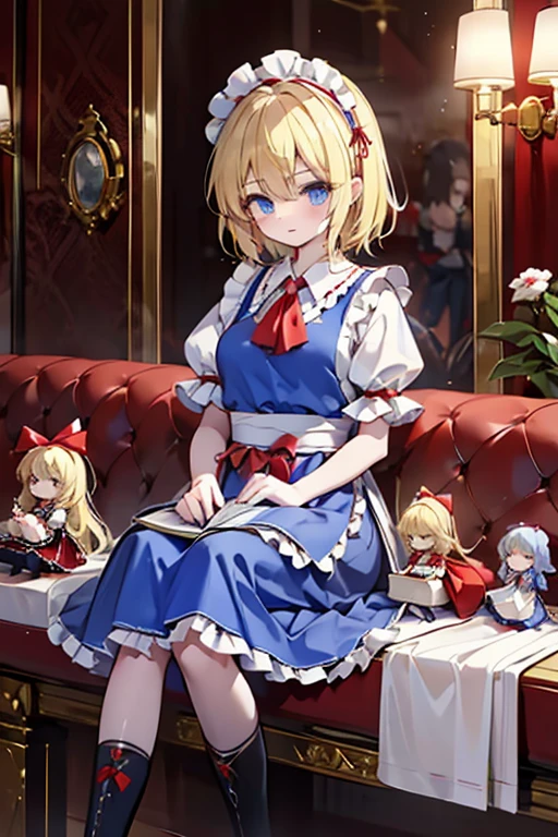 1girl, alice margatroid (touhou), blue eyes, medium hair, blonde hair, white capelet, blue dress, frilled dress, frilled ascot, red ascot, puffy short sleeves, red hairband, ****ta hairband, frilled hairband, grimoire of alice, doll, shanghai_doll_(touhou), blonde_hair, blue_eyes apron, boots, dress, hair_bow, red ribbon on head, weapon, lance, maid, doll It's Christmas night, and we're having a fun Christmas party with seven colorful dolls and lots of sweets.
Eat a giant roast turkey in a restaurant with the characters from the Touhou Project(touhou)