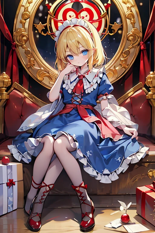 1girl, alice margatroid (touhou), blue eyes, medium hair, blonde hair, white capelet, blue dress, frilled dress, frilled ascot, red ascot, puffy short sleeves, red hairband, lolita hairband, frilled hairband, grimoire of alice, doll, shanghai_doll_(touhou), blonde_hair, blue_eyes apron, boots, dress, hair_bow, red ribbon on head, weapon, lance, maid, doll It's Christmas night, and we're having a fun Christmas party with seven colorful dolls and lots of sweets.
Eat a giant roast turkey in a restaurant with the characters from the Touhou Project(touhou)