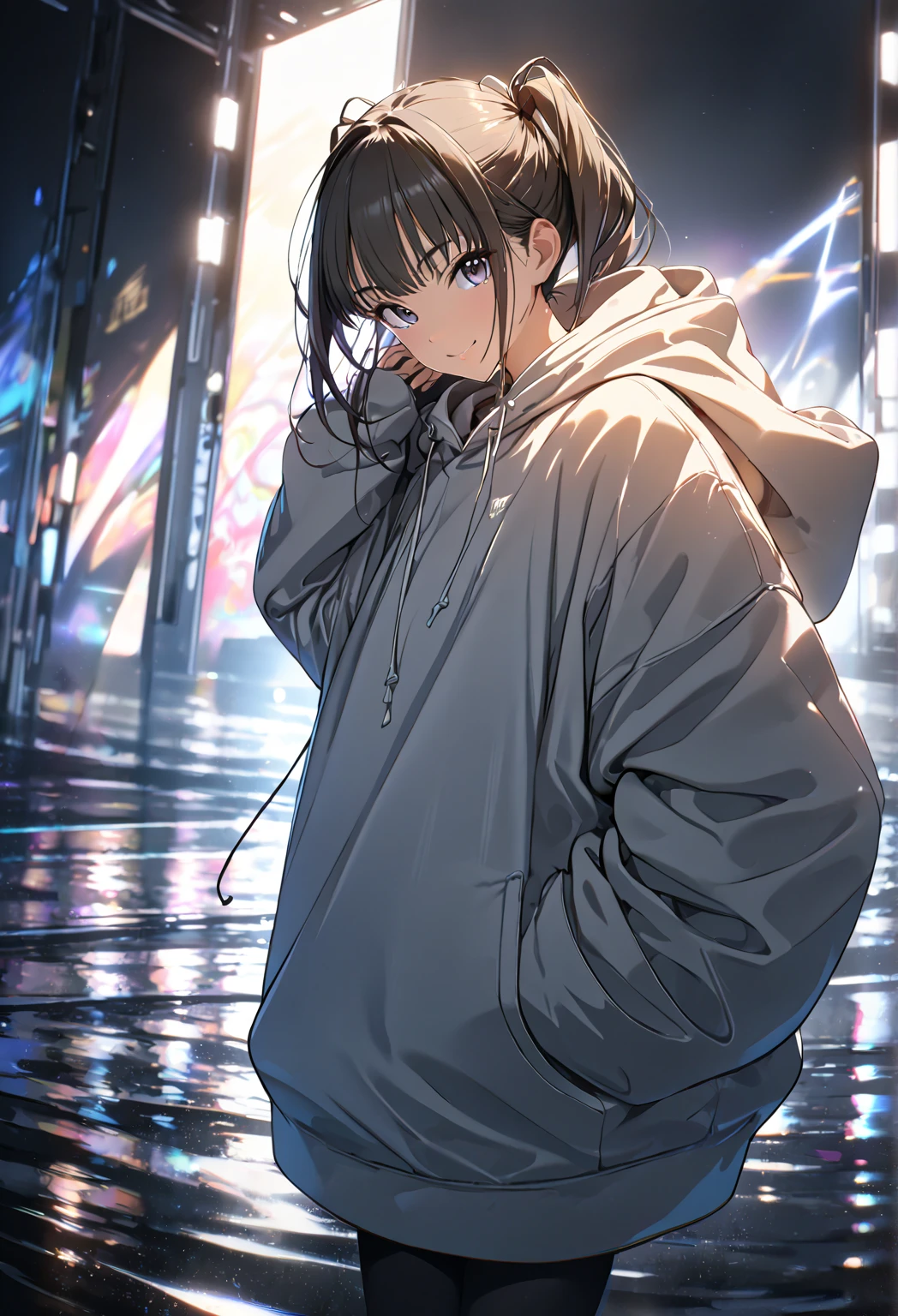 (masterpiece:1.2,  best quality), ( high definition),    1 girl  , Long legs,  twin tails,  oversized hoodie,  standing, smile, Volumetric Lighting, Best Shadow,  shallow depth of field, (  best quality , Amazing Details:1.25), 