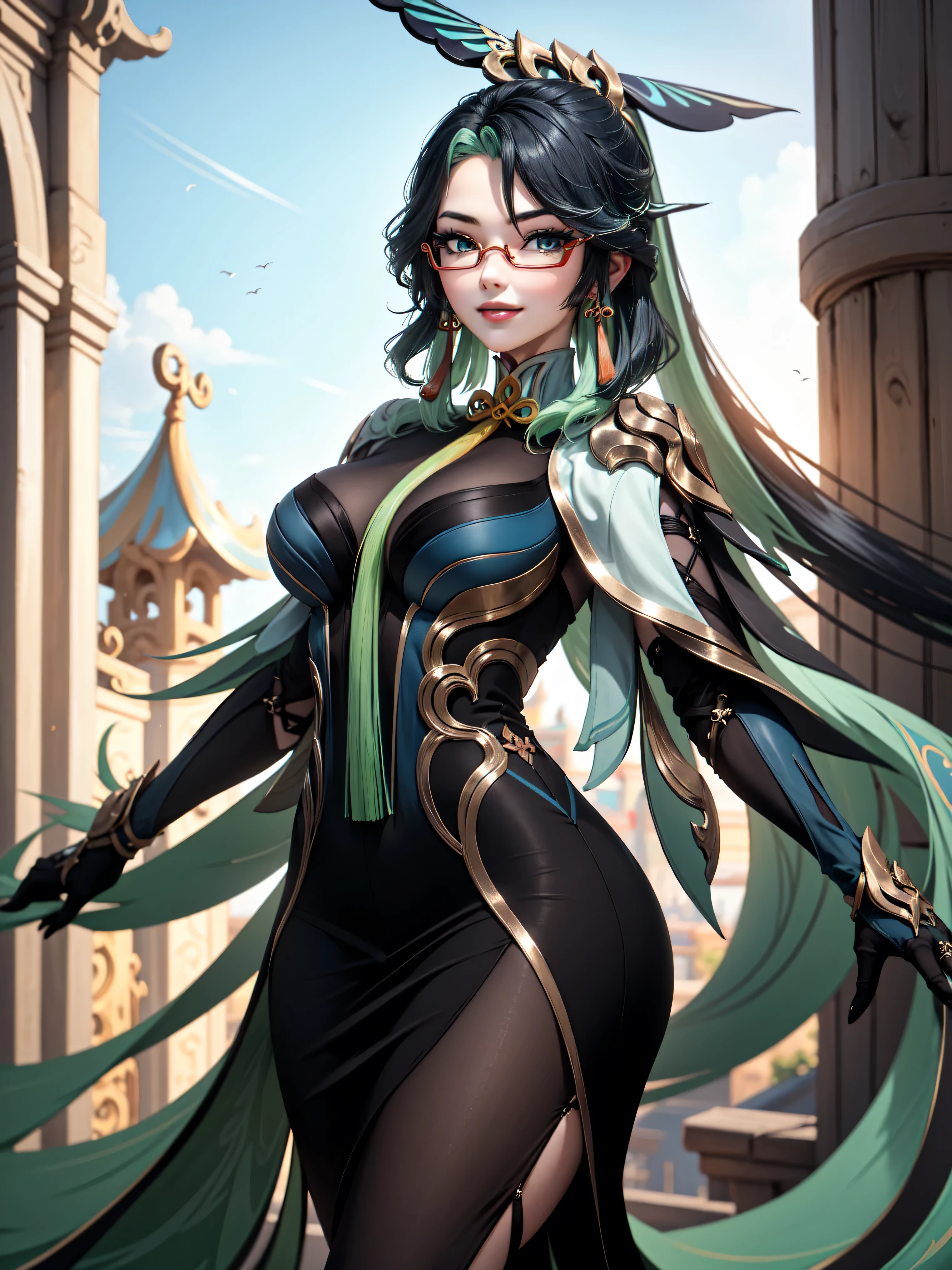 Masterpiece, high quality, 8k, ultra detail, 1 girl, (dynamic poses), ((xianyun, very long hair, hair ornament, semi-rimless eyewear, earrings)), standing, smile,