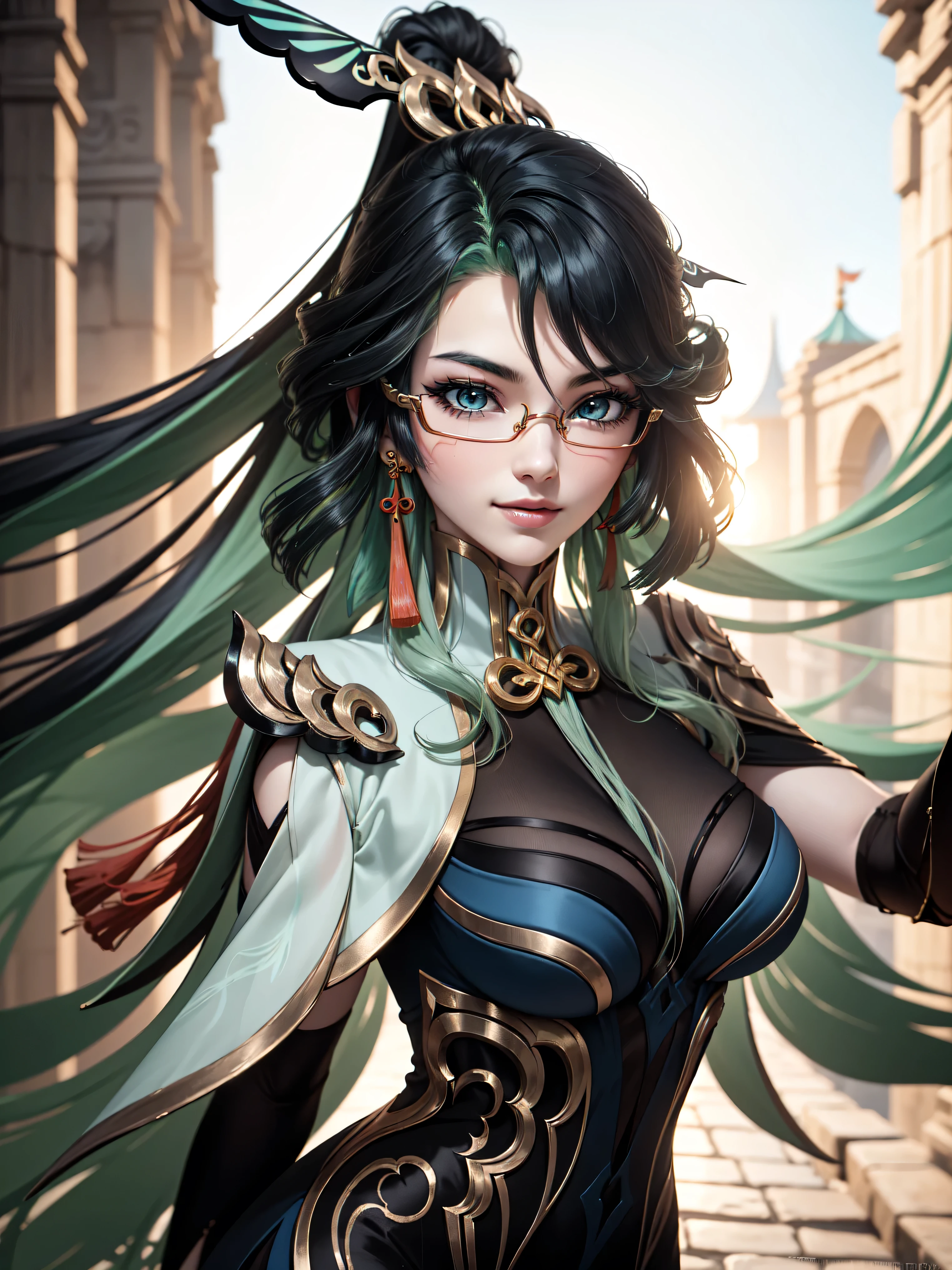 Masterpiece, high quality, 8k, ultra detail, 1 girl, (dynamic poses), ((xianyun, very long hair, hair ornament, semi-rimless eyewear, earrings)), standing, smile,