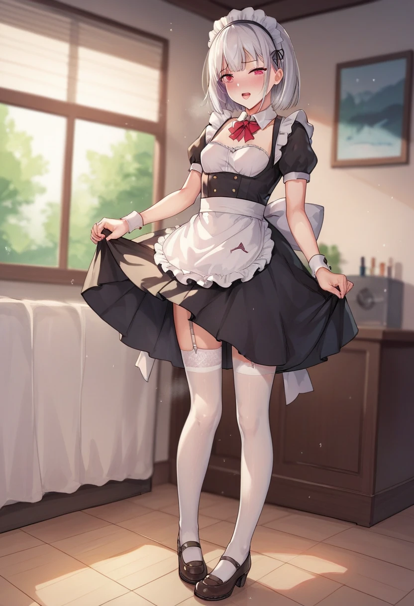 score_9, score_8_up, score_7_up, score_6_up, score_5_up, score_4_up,evaluation_explicit,source_anime, 
BREAK 
Full body image 
BREAK 
Only girls
BREAK 
Small breasts、Height:120cm 
BREAK
Long skirt,maid outfit,garter belt,White Stockings,White pants
BREAK
Girl getting raped
BREAK
羞恥心、 has red cheeks 、恥ずかしい
BREAK 
A girl lifts her skirt to show her underwear