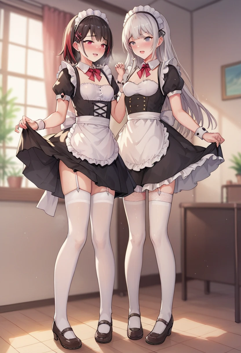 score_9, score_8_up, score_7_up, score_6_up, score_5_up, score_4_up,evaluation_explicit,source_anime, 
BREAK 
Full body image 
BREAK 
Only girls
BREAK 
Small breasts、Height:120cm 
BREAK
Long skirt,maid outfit,garter belt,White Stockings,White pants
BREAK
Girl getting raped
BREAK
羞恥心、 has red cheeks 、恥ずかしい
BREAK 
A girl lifts her skirt to show her underwear