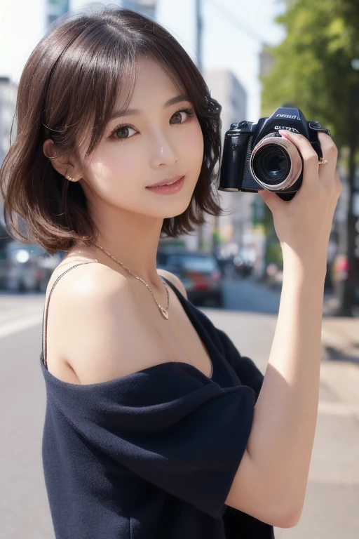 A girl holding a camera, mix4,(8k, RAW photo, best quality, masterpiece:1.2), (realistic, photo-realistic:1.37),1girl,cute,cityscape, night, rain, wet, professional lighting, photon mapping, radiosity, Physically-based rendering, gradient brunette hair, short curly hair, handsome, girly, white ball set, superb picture quality, high resolution, 1080p, (clear face), (detailed face description), (detailed hand description), (masterpiece), (exquisite CG), extreme light and shadow, messy hair, masterpiece, rich detail, (exquisite facial features), (highest image quality), (masterpiece), (detailed eyes), look forward to your eyes, delicate collarbone