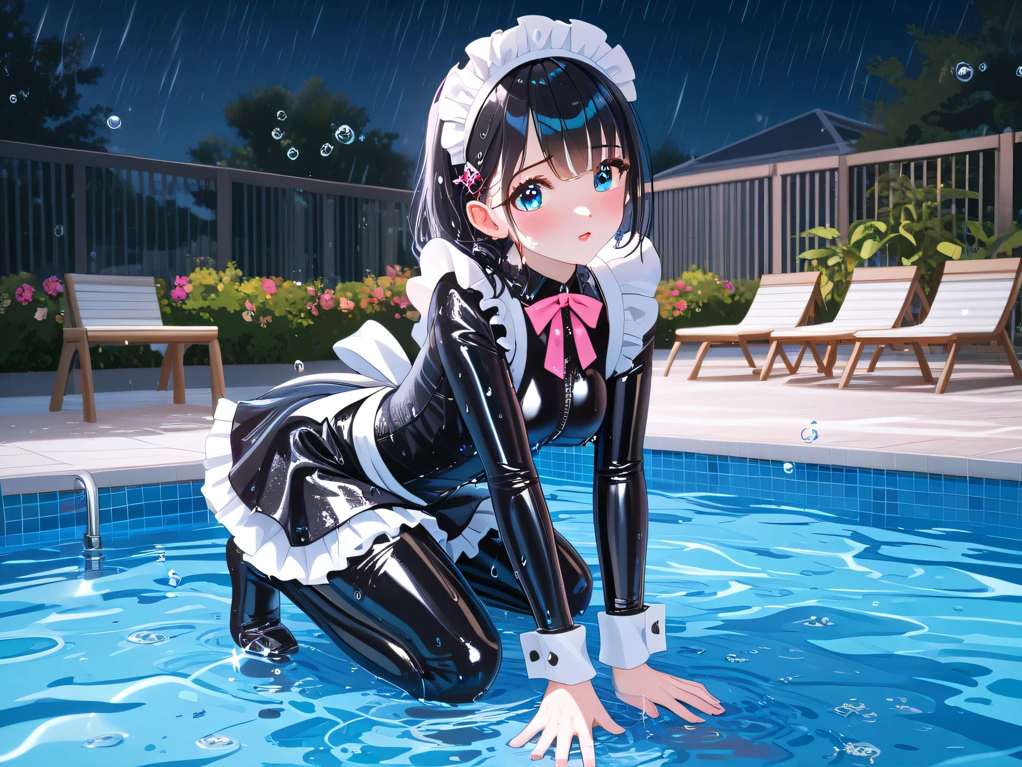 (Highest quality), 4K, (Outdoor pool), Sitting alone, Shy, (Cute schoolgirl), ((Very wet, sparkly, form-fitting, high-necked, black, full-body suit)), ((Very wet, very clear, sparkly, form-fitting, black, rubber, frilly skirt)), (Very wet, sparkly, form-fitting, transparent, rubber maid outfit), ((Very wet, sparkly, form-fitting, high-necked, black, full-body suit)), (Black pantyhose), (Perfect fingers), (Blue eyes, delicate description), (Short, wet, black hair, raindrops dripping from hair), Side camera angle, Fairly small, shapely breasts, White skin, (Shy smile: 0.5),Beautiful face from light source,(high resolution human skin texture details visible),Perfect fingers,(frontal light source),Dark night, dark sky, sudden heavy rain, many large raindrops, many water droplets floating,Depth of field
