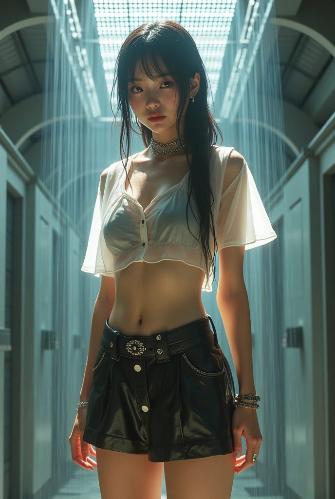 Iverpunk, Sci-Fi, Fantasy, Kodak Portra 400, 8K, Soft Light, Volumetric Lighting, Very Detailed, Britmer Ling Style 3/4, 1girl, High Quality, High Detail Skin: 1.4, (Darkroom: 1.3), (Rim Lighting: 1.3), (Dim Lighting: 1.3), (Dark Night: 1.3), Indoors, Portrait, Black Hair, Dark Background, Short Hair, Lab + Face, The face is the most beautiful female star in Asia, complex and elegant. Highly detailed, dikital painting, art station, concept art smooth, sharp focus, illustration, art by Katsuhiro Otomo and Masamune Jo and Mamoru Oshii, global ray tracing, large aperture F10, shutter speed 200. (Telephoto lens), panorama, full body shot, realistic portrait, fisheye, movie lighting, lens flare, rim light, high detail, 8K resolution (highest quality), even higher quality, ultra high resolution, bokeh effect, metallic luster, background light, beautiful woman with perfect body: 1.4, slim abdomen: 1.2, (layered haircut, big: 1.2)), (no bra) ( Small and beautiful hard (thin moist buttons up to shirt length: 1.1), (white shirt wet from rain), (rain, street: 1.2), wet body: 1.1, --auto --s2