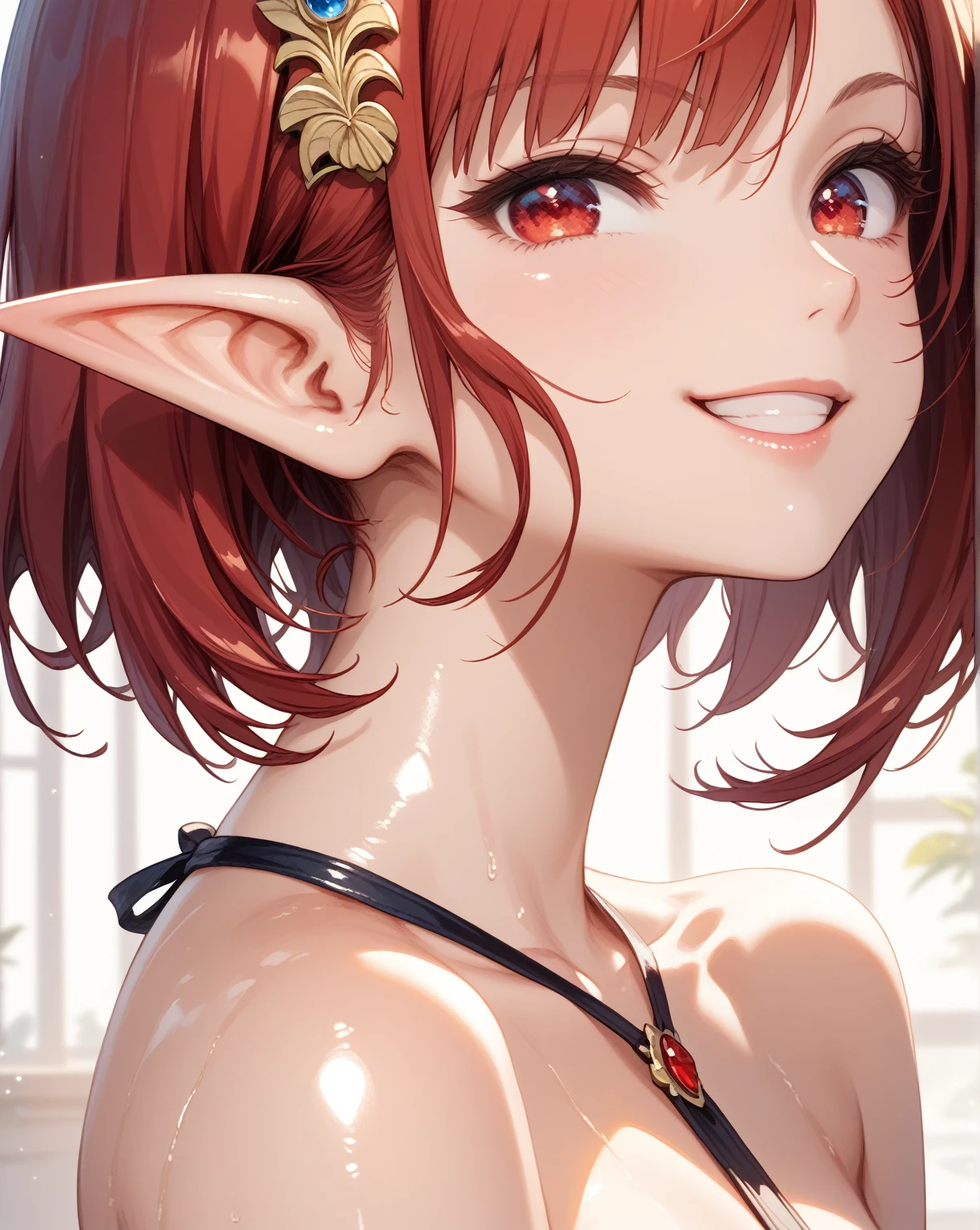 full-length, 1girl:1.4, solo, elf, elf ears, (cute face), (focusing on face), (Ideal body proportions), ((Composition from head to thigh)), black bikini suit, Drenched shortcut blond hair, (scarlet clear red eyes, tsurime), The erection, Carmelto, Sexy body, grin smile, short-hair, blond hair with burgundy tips of hair, burgundy ends of hair, shiny skin, oiled skin, slenderness, Small buttocks, Beautiful legs, Skinny Legs, One-person viewpoint, masterpiece, ((Anatomically correct)), (portrait:1.4), (((close-up))), (focusing on eyes)