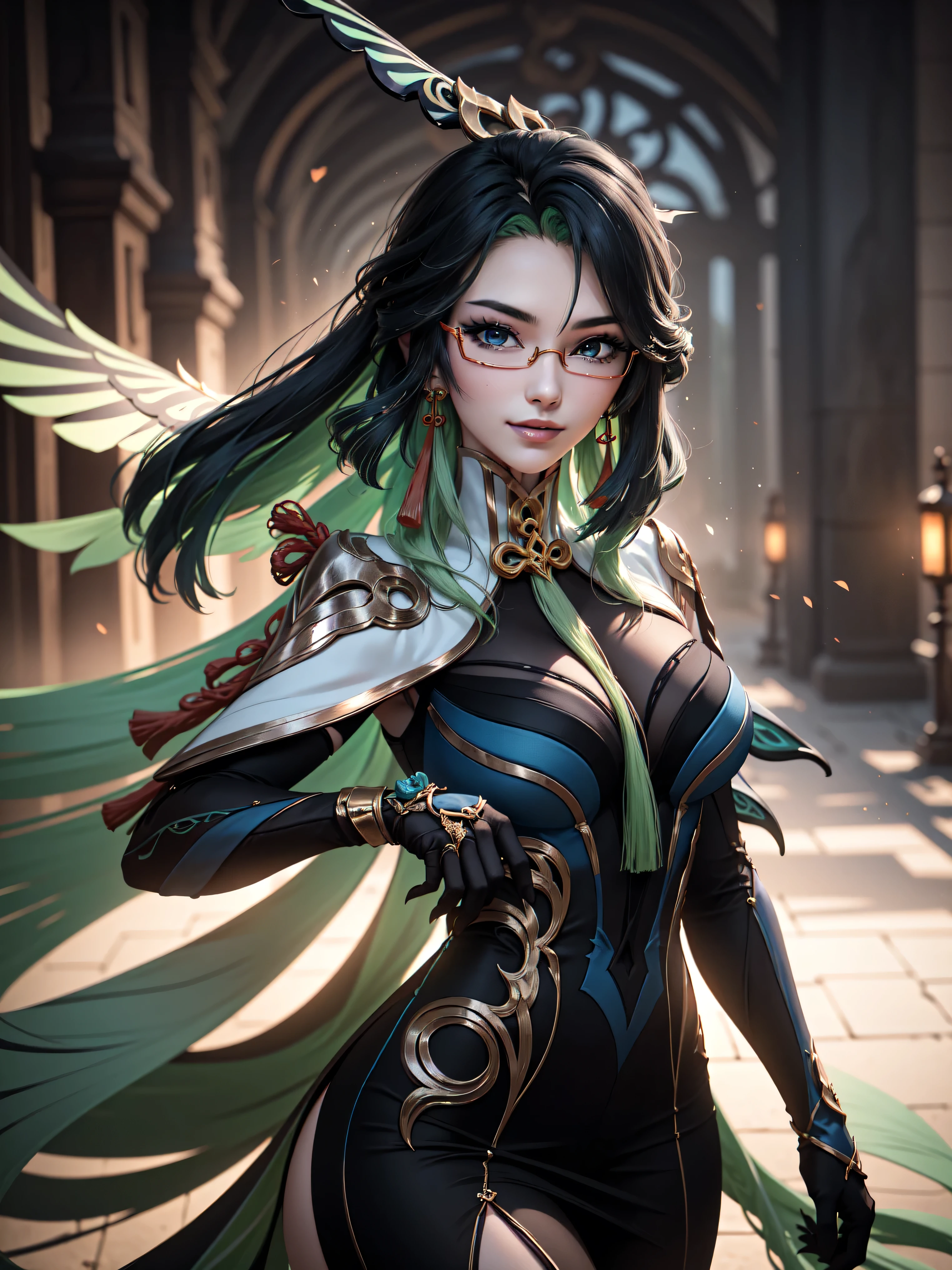 high quality, 8k, ultra detailed, 1 girl, (dynamic poses), ((xianyun, very long hair, hair ornament, semi-rimless eyewear, earrings)), standing, smile, photorealistic, cinematic lighting, intricate details, vibrant colors, masterpiece, award-winning art