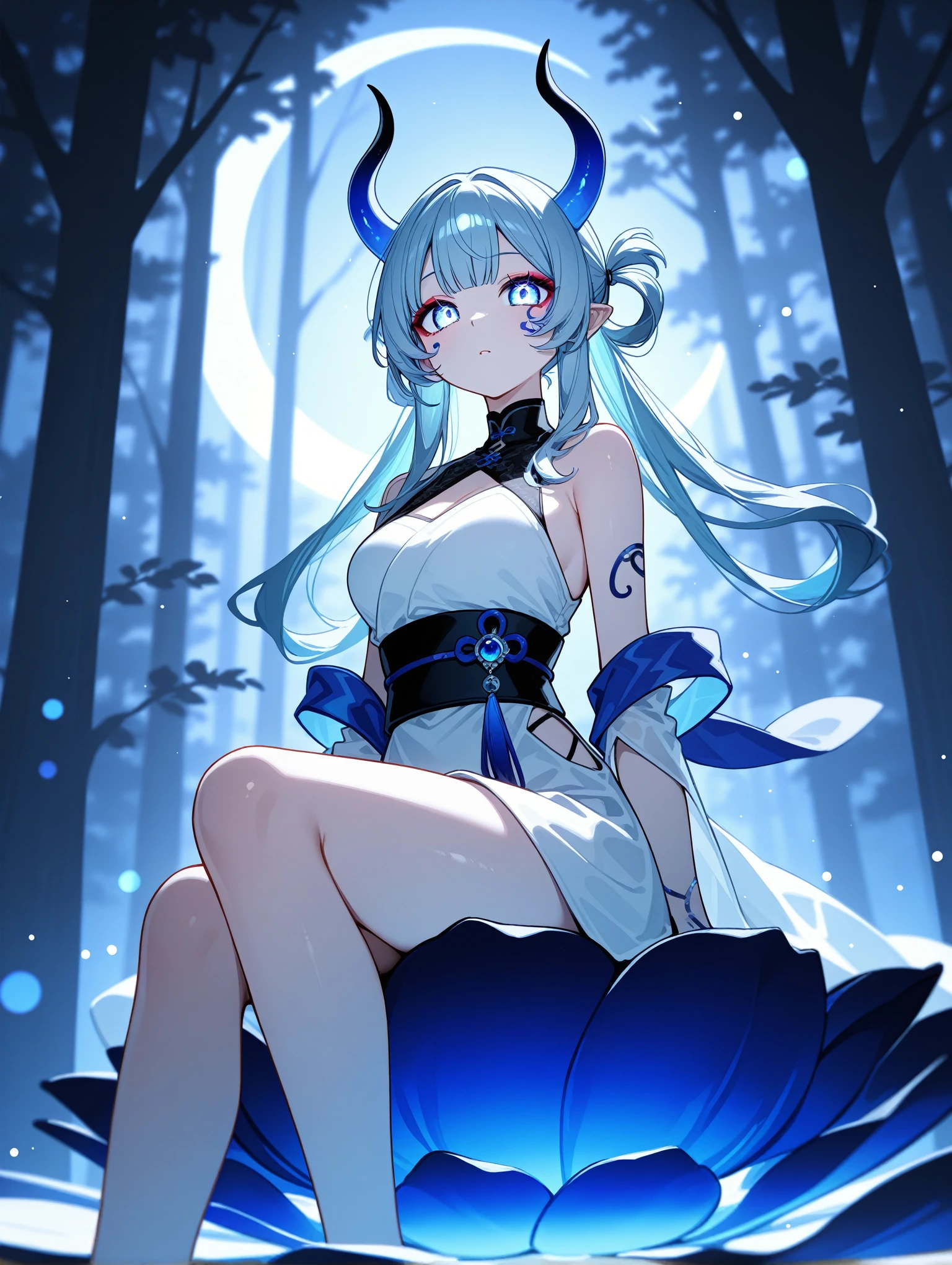  dynamic angle, 1girl, solo,Ao-Oni,sitting on a lotus, makeup,hair rings, horn,sapphire eyes,beautiful eyes, bright colors, Focus on face, , BREAK forest in the background, Bokeh,Ethereal Moonlight Lighting,

,masterpiece,best quality,newest,