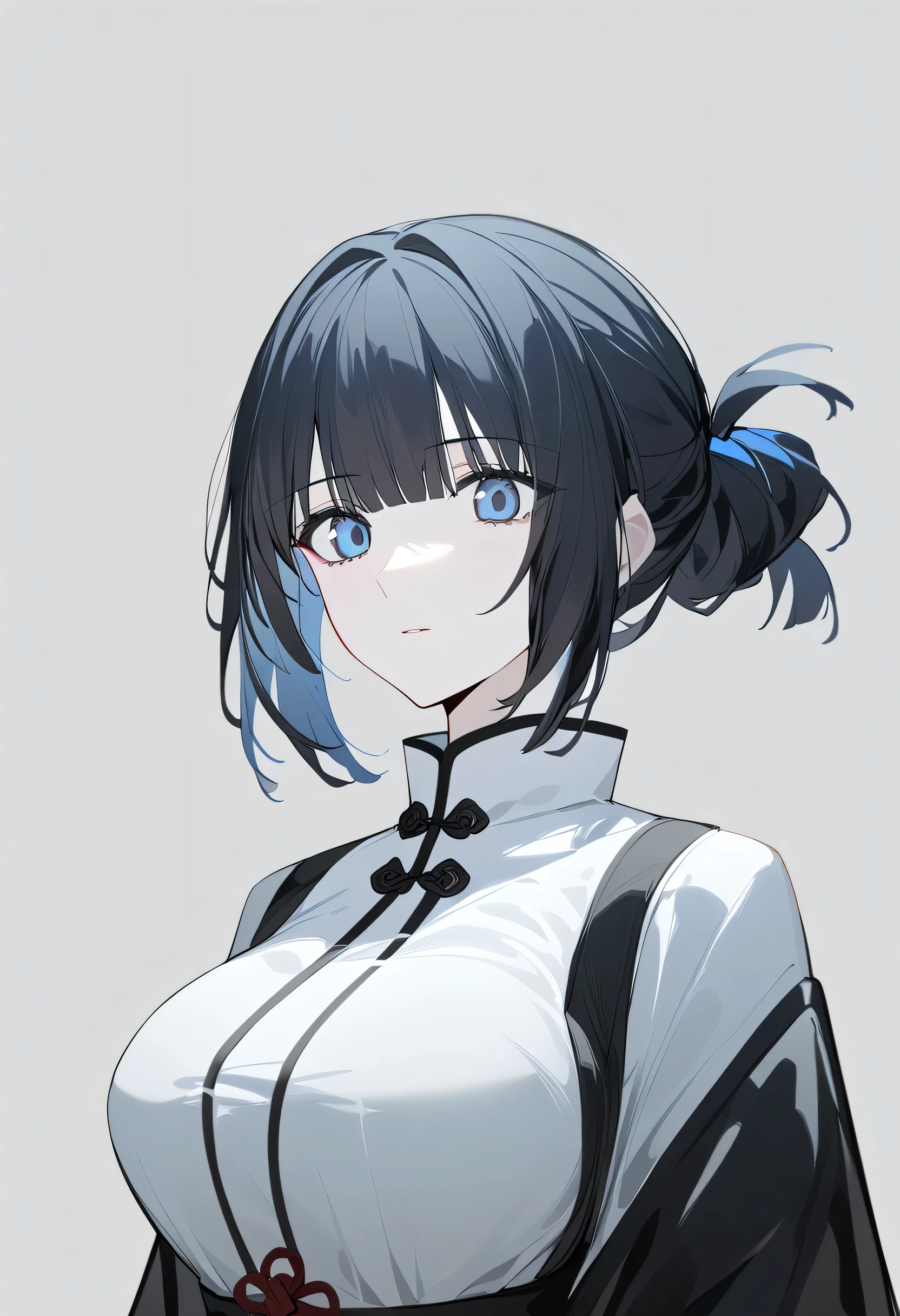 1 girl, Alone, wide, hair tied in blue , black hair color, long bangs, blue eyes, BIG BREASTS, big eyes, stoic, standing, (gothic Chinese-style white clothes), (Gray background, simple background), Upper part of the body, Masterpiece, Best Quality