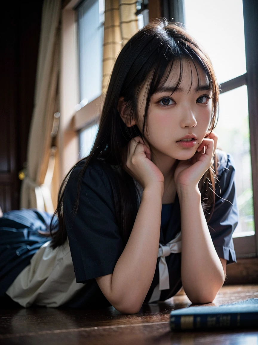 (41k4:0.85), (aika-sawaguchi:0.4), masterpiece,  best quality, 8k,  RAW photos , (Wearing a girls' high school uniform:1.5),  best quality, masterpiece, Alone, (  cute Japanese girl  ), ( wearing black shoes :1.2),  Highly detailed RAW color photo ,  Professional Grade Photography , (Realistic, Photographically:1.37), (High Definition Skins:1.2),   ultra high resolution, (Lens: 50mm), (masterpiece, top-quality:1.3), (hyper realistic:1.35), (Photographically:1.45), (Realistic:1.4), ( Towards Viewers:1.5), ( look at the viewers:1.4), ( One Beautiful Girl ), black hair、 Long Ponytail 、 21 years old,  Japanese Idols,  Supermodel , Pale skin, ( slim:1.3), ( slim body:1.25), (細身の体:1.25), ( Thin Waist:1.25),  cute face , ( Big Breasts :1.15), ( deep cleaves :1.2),  gravure idol