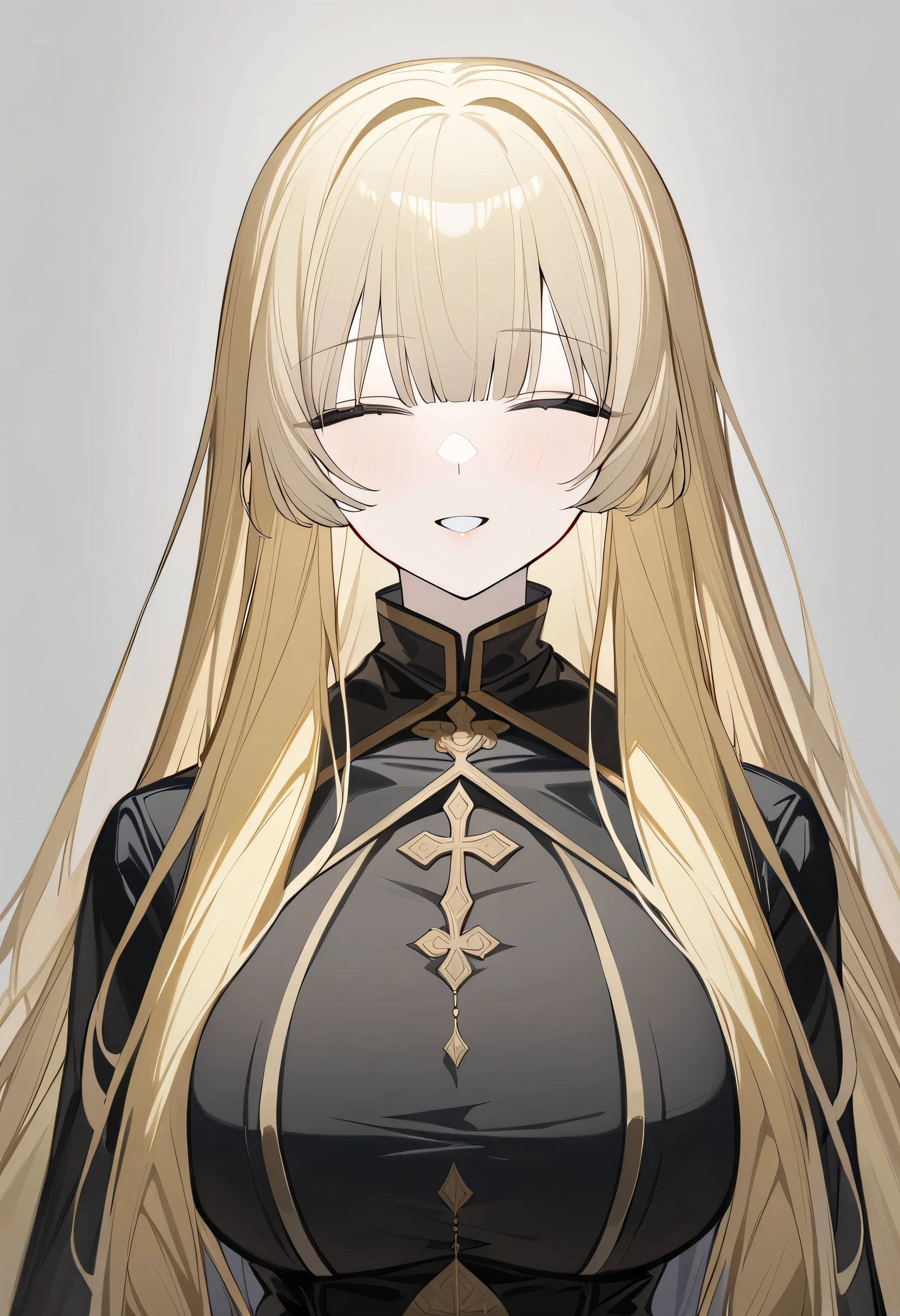 1 girl, Alone, wide, clear long hair, golden hair color, long bangs, closed eyes, BIG BREASTS, big eyes, a benevolent smile, Prayer, standing, (gothic priest clothes), (Gray background, simple background), Upper part of the body, Masterpiece, Best Quality