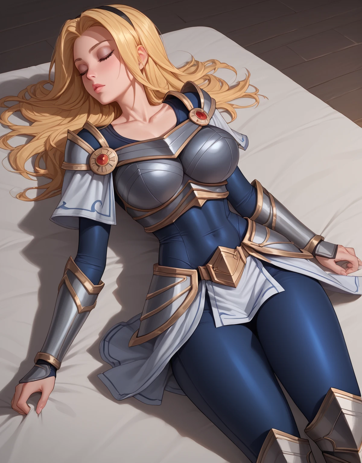 score_9, score_8_up, score_7_up, score_6_up, score_5_up, score_4_up, LuxLoLXL, blue eyes, blonde hair, long hair, black hairband, big breasts, collarbone, shoulder armor, armor, blue bodysuit, breastplate, long sleeves, faulds, skirt, blue pants, armored boots, ((((big breasts)))), alone, full body, knee high boots ,eyes closed, fainted, blows in the face, lying down, looking to the side, head to the side,tied,profile face, full body