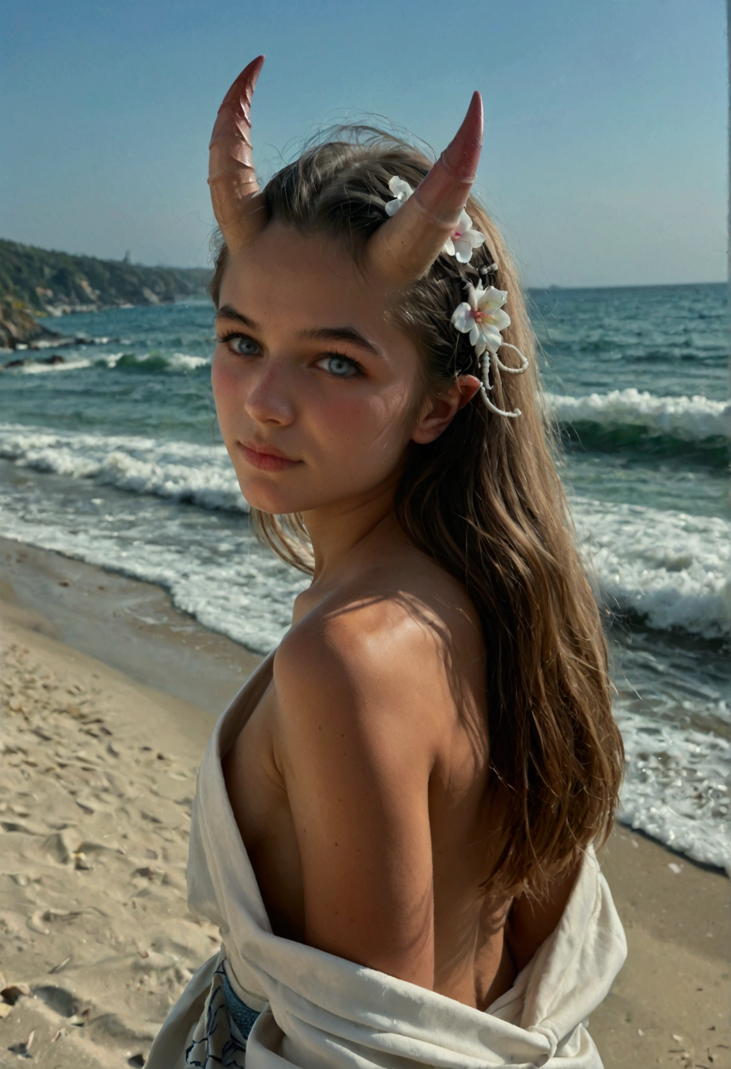 ,masterpiece, best quality, very detailed, score_9, score_8_up, score_7_up, score_6_up, natural white hair color, hair ornament (flower, blue, hair jewelry, pearl, and blue stone), solo, 18 years old, ( solo), outdoor, very sexy, female, bright blue cat eyes, (fluffy cheeks: 0.4), (white lace dress), cute, cel-shading, fca style, beach, night, starry sky, wave, sea, (darkness: 1.5), backlight, (side view: 1.3), (upper body photo), looking back, looking at viewer, face turned 3/4 forward ,
fit body, dragon tattoos, oni horns, (short kimono, oni mask sideways on head, samurai sword), long eyelashes, long hair, small breasts, wardrobe malfunction, cleavage, blushing, beauty, (dragon in background), no panties, cleft of venus