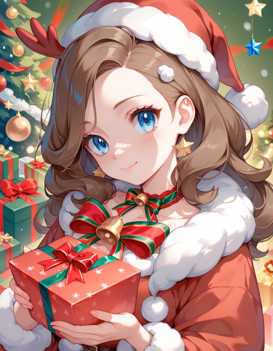  Pokemon Female Character , [possible ( Beautiful Blue Eyes ,  Brown Hair )  Red Nose Elk Costume,  Cute Image ,  Christmas Cover , Saturated Color ,  Holding Gift Box ,  Pokemon Design ,