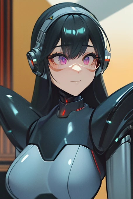 (masterpiece),(Highest quality),(Super detailed),(Best illustrations),(Best Shadow),(Absurd),(Detailed Background),(so beautiful), 16K, 8K, 4K,(Best Shadow),robotization,woman ,big bust,Robot Joint ,Metal skin,Black robot Suit,long hair,a black robot suit that covers the whole body,robot hand,cyber bodysuit,mecha head,(Detailed hands and fingers:1.2),Ball joint robot body,doll joint,beautiful face,beautiful robot girl,robotic eye,robotic hands,(no more human skin),android girl,cyborg girl,F cup, sexy body,(machine made joints:1.2),(machanical limbs:1.1),(blood vessels connected to tubes),(mechanical vertebra attaching to back),(mechanical cervial attaching to neck),no messy picture style,no emotion,tech control,black robot suit,maintenance,smile,antenna 