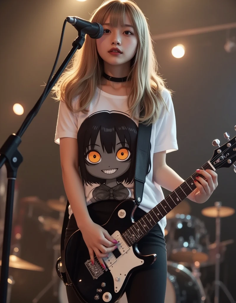 She is wearing a Tee with a large print of her favorite cute black devil girl, ultra-realistic, photorealistic, dramatic scene, shadow, global-illumination, solo, (20 years old Japanese famous idol girl but punk rock guitarist:1.5), very beautiful but cool Japanese girl, very beautiful cute but boyish cool face, she is wearing punk rock outfits with very realistic smiled Chibi-anime-devil-black-girl printed Tee, the chibi-anime-devil-black-girl that printed on her Tee is 1girl\(dark black devil,cute,big eyes,large circle eyes,black skin,evil smile,long nail,orange eyes, vivid orange eyes, dark black skin, looking down,wearing capelet\(big,long,Tattered\), backlit,full body\), she is wearing accessories, leather choker, leather jacket, she is playing the guitar at the stage of the rock concert, spot lighting, professional lighting, Her guitar playing is exceptionally virtuosic and outstanding, Her intense punk rock concert reached its peak with unparalleled energy and electrifying performance