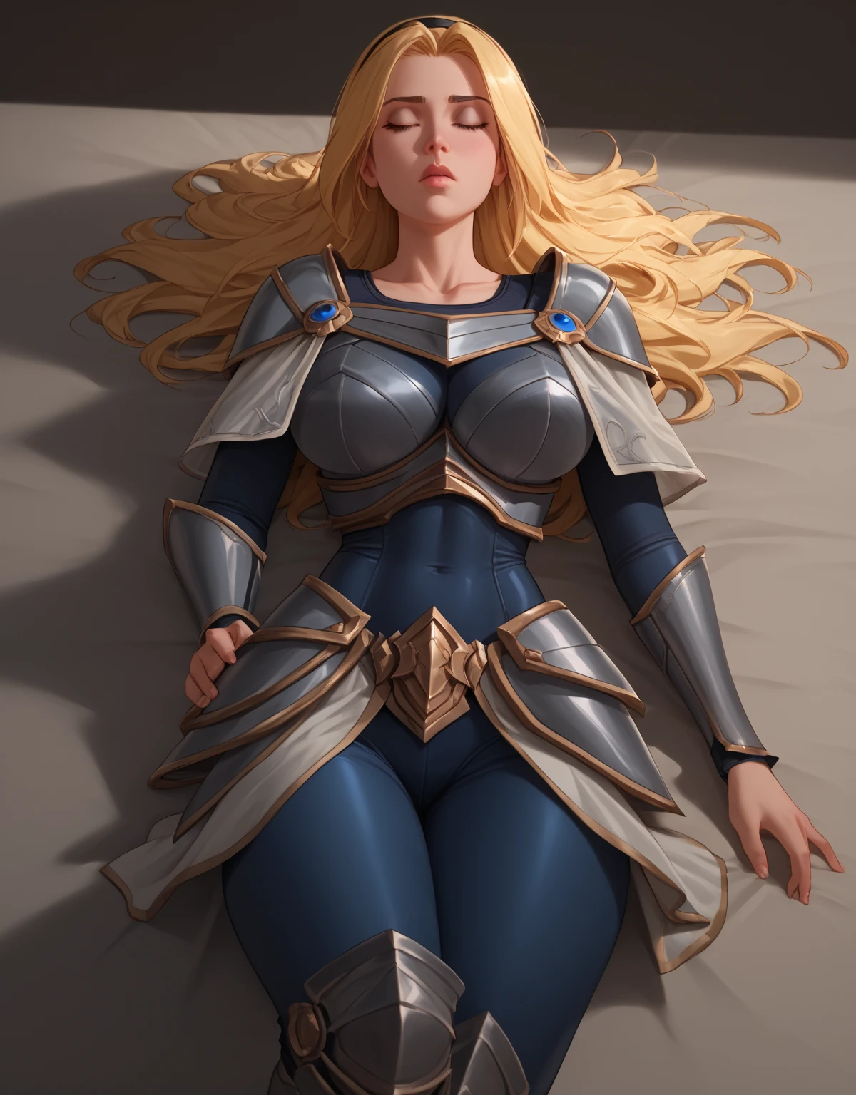 score_9, score_8_up, score_7_up, score_6_up, score_5_up, score_4_up, LuxLoLXL, blue eyes, blonde hair, long hair, black hairband, big breasts, collarbone, shoulder armor, armor, blue bodysuit, breastplate, long sleeves, faulds, skirt, blue pants, armored boots, ((((big breasts)))), alone full body, knee high boots ,eyes closed, fainted, blows in the face, lying down, looking to the side, head to the side,tied,profile face, full body