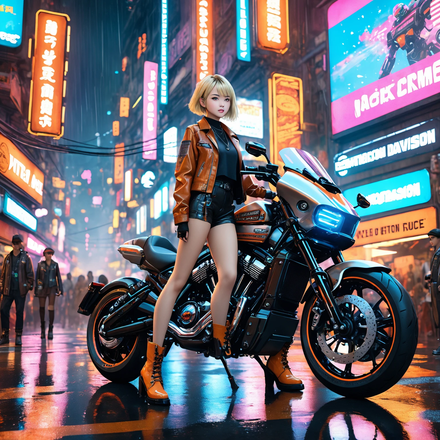 woman riding a motorcycle in a high speed chase, cyber punk, colorful lights on motorcycle, blonde short bob, green eyes, (medium breasts, cleavage), wearing tight fit red and black clothing, motion blur virtual effect, driving motor cycle fast down a city street at night, dramatic action scene, dark and tense, suspenseful, photo-realistic, dramatic lighting, cinematic, film grain, 4 k resolution, masterpiece, high resolution