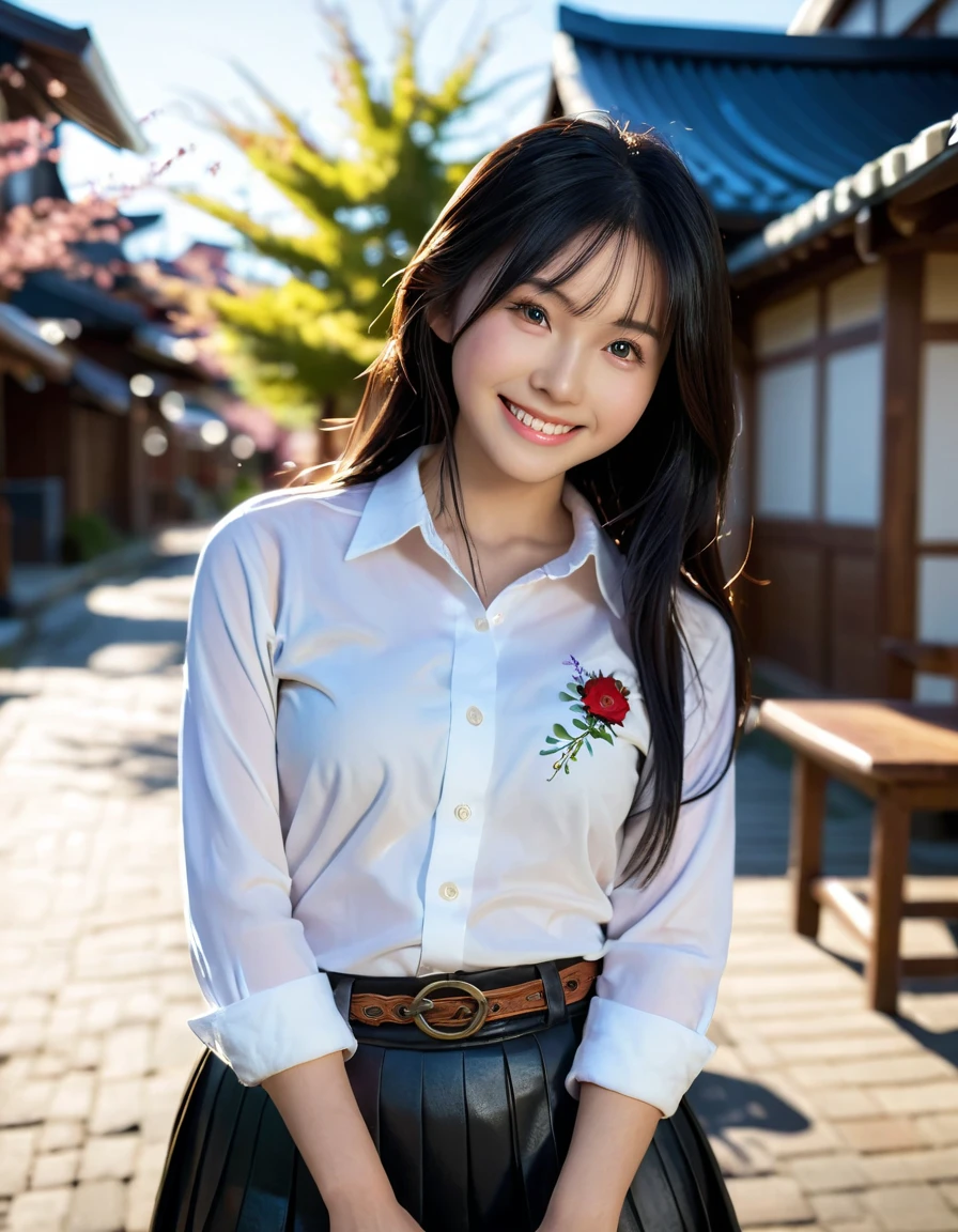 Girl, Solo, Shiny Skin, Very Detailed, Ultra Detailed, Ultra High Definition, (Photorealistic: 1.4), (Best Quality), (Best Shadow), Detailed, Perfect Lighting, Black Hair, Long Hair, (Small: 1.2), Japanese girl, solo, perfect body, perfect anatomy, White shirt, Black skirt, smile, cowboy shot,