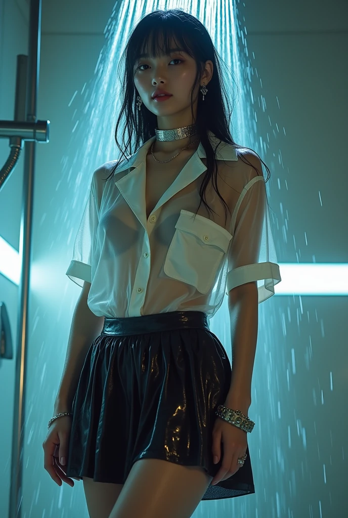 (super high quality:1.2),(masterpiece:1.2), Very detailed, (Ultra-high resolution:1.2), (Realistic, photo Realistic:1.6), High-resolution RAW color photos, Professional photos, Dramatic lighting, Sensual movie scene、Sharp focus:1.2, (Very detailed顔と肌の質感, Very beautiful eyes, Glossのある肌, Glowing Skin, Glowing Skin, Shining Face, Gloss, Oily skin, greasy face, Oily skin, greasy face, 強いGloss), Perfect Anatomy, Very detailed背景,,(Night shower),((25-year-old woman, Japanese women),(lean slender body、Slender legs), (Short Bob Hair, Straight hair, bangs, Brown Hair), (Flat Chest:1.6),(Glowing Skin,White skin), (((See-through collared short-sleeve shirt、Tight mini skirt))),((Wet in the shower:1.3)),Earrings