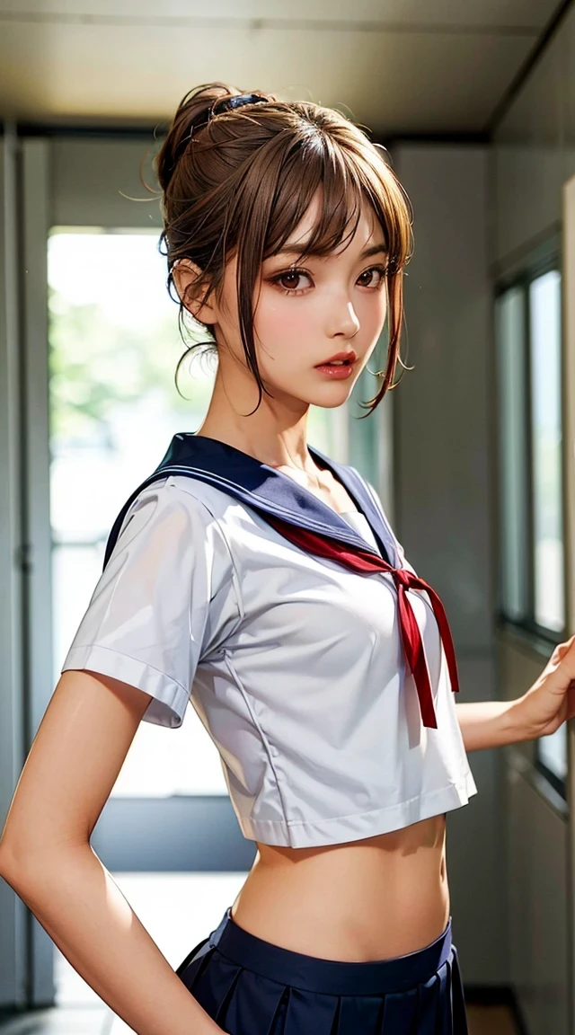  perfect composition of drapes , Proper placement, Golden Ratio, (masterpiece,  best quality:1.331), Front View:1.331, 1 beautiful Japanese woman, Cute 1 Woman , alone,  blurry background, perfect anatomy:1.331, Clear Detailed Eyes , brown eyes,  on a metal cylinder,  has a small head:1.331, 細身の体:1.331,  Thin Waist:1.331, Thin limbs:1.331,  flat chested:1.331, (gap:1.331), (  small hips :1.331),  brown hair,  chignon hair, Long bangs,  school uniform, Famous Tokyo Metropolitan High School Sailor Suit :1.21, Short sleeve clothing,  white short sleeve sailor suit:1.21,  will be Fuku:1.21,  red ribbon ,  I can see her belly button ,  My upper body is wearing a uniform:1.21,  Navy Blue Pleated Mini Skirt:1.37, Tokyo Shibuya 109 street, 