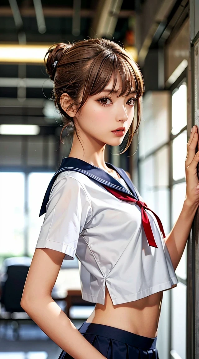  perfect composition of drapes , Proper placement, Golden Ratio, (masterpiece,  best quality:1.331), Front View:1.331, 1 beautiful Japanese woman, Cute 1 Woman , alone,  blurry background, perfect anatomy:1.331, Clear Detailed Eyes , brown eyes,  on a metal cylinder,  has a small head:1.331, 細身の体:1.331,  Thin Waist:1.331, Thin limbs:1.331,  flat chested:1.331, (gap:1.331), (  small hips :1.331),  brown hair,  chignon hair, Long bangs,  school uniform, Famous Tokyo Metropolitan High School Sailor Suit :1.21, Short sleeve clothing,  white short sleeve sailor suit:1.21,  will be Fuku:1.21,  red ribbon ,  I can see her belly button ,  My upper body is wearing a uniform:1.21,  Navy Blue Pleated Mini Skirt:1.37, Tokyo Shibuya 109 street, 