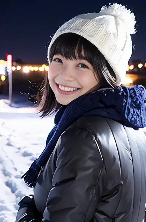 Cold Winter Night、 Snowy Country Road 、 Woman Looking Back and Smiling、 muffler 、