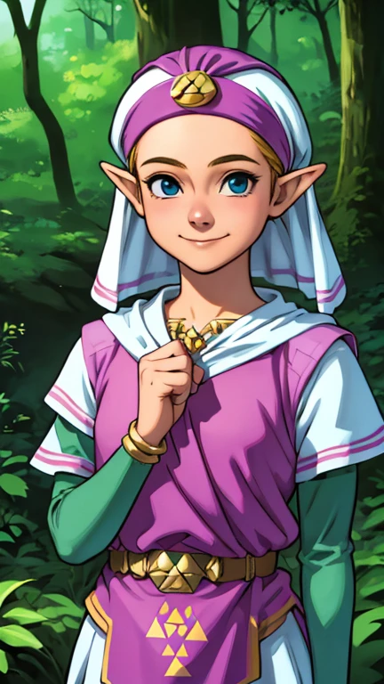 (1girl, princess zelda), (extremely detailed CG unit 8k wallpaper),(master part), (best quality), (ultra detail), (best illustration),(comic lo takamichi style), cowboy shot, standing, facing viewer, looking at viewer, perfect face, perfect eyes, perfect fingers, perfect hands, (Sharp eyeliner, ombre, detailed eyes:1), (digital art), forest, outdoor background, break , upper body, solo, smile,nintendo, the legend of zelda, oot, young zelda