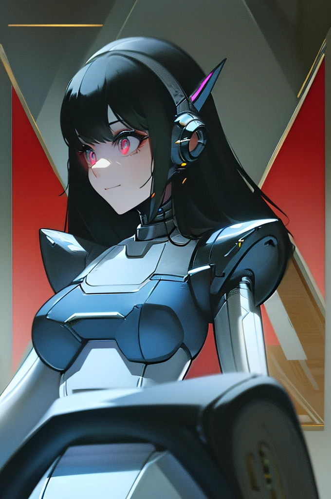 (masterpiece),(Highest quality),(Super detailed),(Best illustrations),(Best Shadow),(Absurd),(Detailed Background),(so beautiful), 16K, 8K, 4K,(Best Shadow),robotization,woman ,big bust,Robot Joint ,Metal skin,Black robot Suit,long hair,a black robot suit that covers the whole body,robot hand,cyber bodysuit,mecha head,(Detailed hands and fingers:1.2),Ball joint robot body,doll joint,beautiful face,beautiful robot girl,robotic eye,robotic hands,(no more human skin),android girl,cyborg girl,F cup, sexy body,(machine made joints:1.2),(machanical limbs:1.1),(blood vessels connected to tubes),(mechanical vertebra attaching to back),(mechanical cervial attaching to neck),no messy picture style,no emotion,tech control,black robot suit,maintenance,smile,antenna 