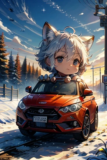 Please draw an illustration with the image of a train that transcends time and space，(​masterpiece:1.2),top-quality,​masterpiece,  high definition ,((A train that transcends time and space )),  時空をかけるcar， Highly Detailed Wallpaper  ,  Perfect Little  ,( Baby Fox ,Chibi character,cute， Highly Detailed CG :1.2)、((時空をかけるcar:1.5)),Near future，
 (​masterpiece:1.2),top-quality,​masterpiece,  high definition , 時と空間を超えるcar，  Highly Detailed Wallpaper  ,  Perfect Little  (car,From the space-time bubble,Jump out， Highly Detailed CG :1.2)、carが空をかける，Near future，