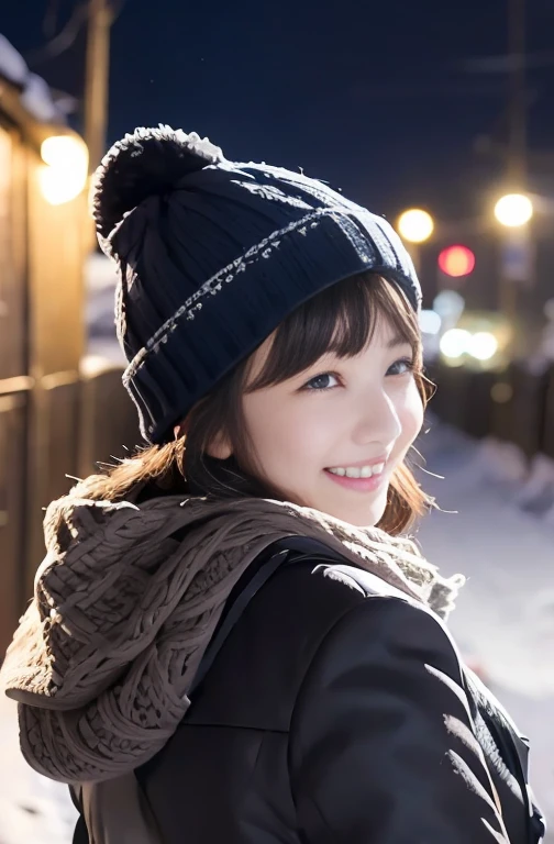 Cold Winter Night、 Snowy Country Road 、 Woman Looking Back and Smiling、 muffler 、