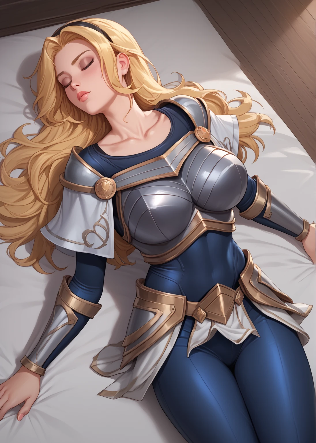 score_9, score_8_up, score_7_up, score_6_up, score_5_up, score_4_up, LuxLoLXL, blue eyes, blonde hair, long hair, black hairband, big breasts, collarbone, shoulder armor, armor, blue bodysuit, breastplate, long sleeves, faulds, skirt, blue pants, armored boots, ((((big breasts)))), alone, full body, knee high boots ,eyes closed, fainted, blows in the face, lying down, looking to the side, head to the side,tied,profile face, full body