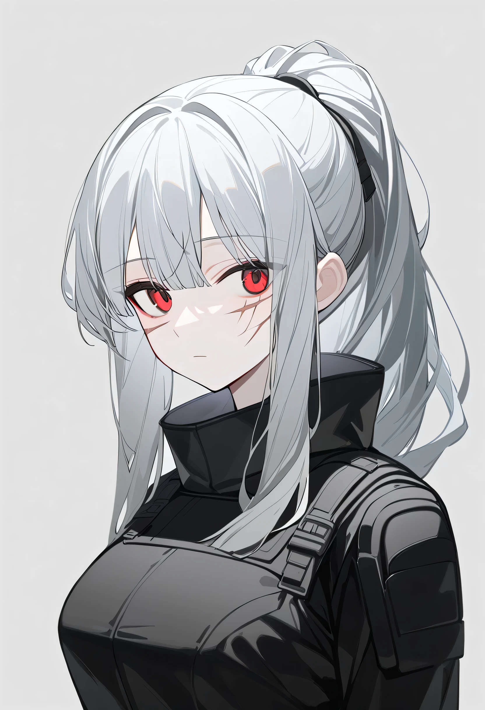 1 girl, Alone, wide, a clear ponytail, silver hair color, long bangs, red eyes, BIG BREASTS, big eyes, expressionless , facial scar, standing, (black combat uniform), (Gray background, simple background), Upper part of the body, Masterpiece, Best Quality