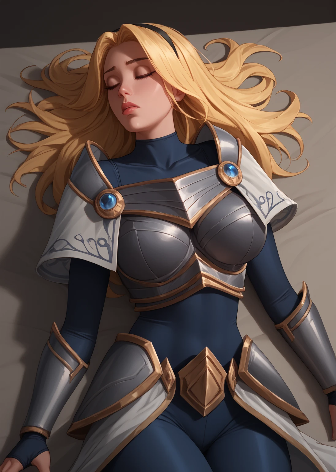 score_9, score_8_up, score_7_up, score_6_up, score_5_up, score_4_up, LuxLoLXL, blue eyes, blonde hair, long hair, black hairband, big breasts, collarbone, shoulder armor, armor, blue bodysuit, breastplate, long sleeves, faulds, skirt, blue pants, armored boots, ((((big breasts)))), alone full body, knee high boots ,eyes closed, fainted, blows in the face, lying down, looking to the side, head to the side,tied,profile face, full body