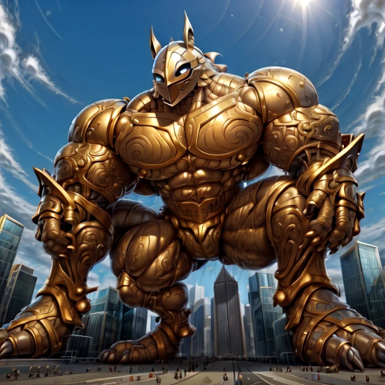 - Excalibur Sonic. Golden Armor. The whole body is golden.
- masterpiece. official art. 8k. best quality. detailed full body. full body.
- no face. wearing a full-face helmet.
- An arrogant expression. smile at the corner of your mouth.
- He with 4 arms.
- large muscles,  big muscle, huge muscles,  massive muscles, bulk up.
- focus GIANT Excalibur Sonic is trampling the city. Looking down. macro. stomp. Low-angle perspective. emphasizing the immense size. He has long legs.
- The nails are sharp. The nails are gold. There are five fingers.
- The toenails are sharp. The toenails are gold. There are five toes.
