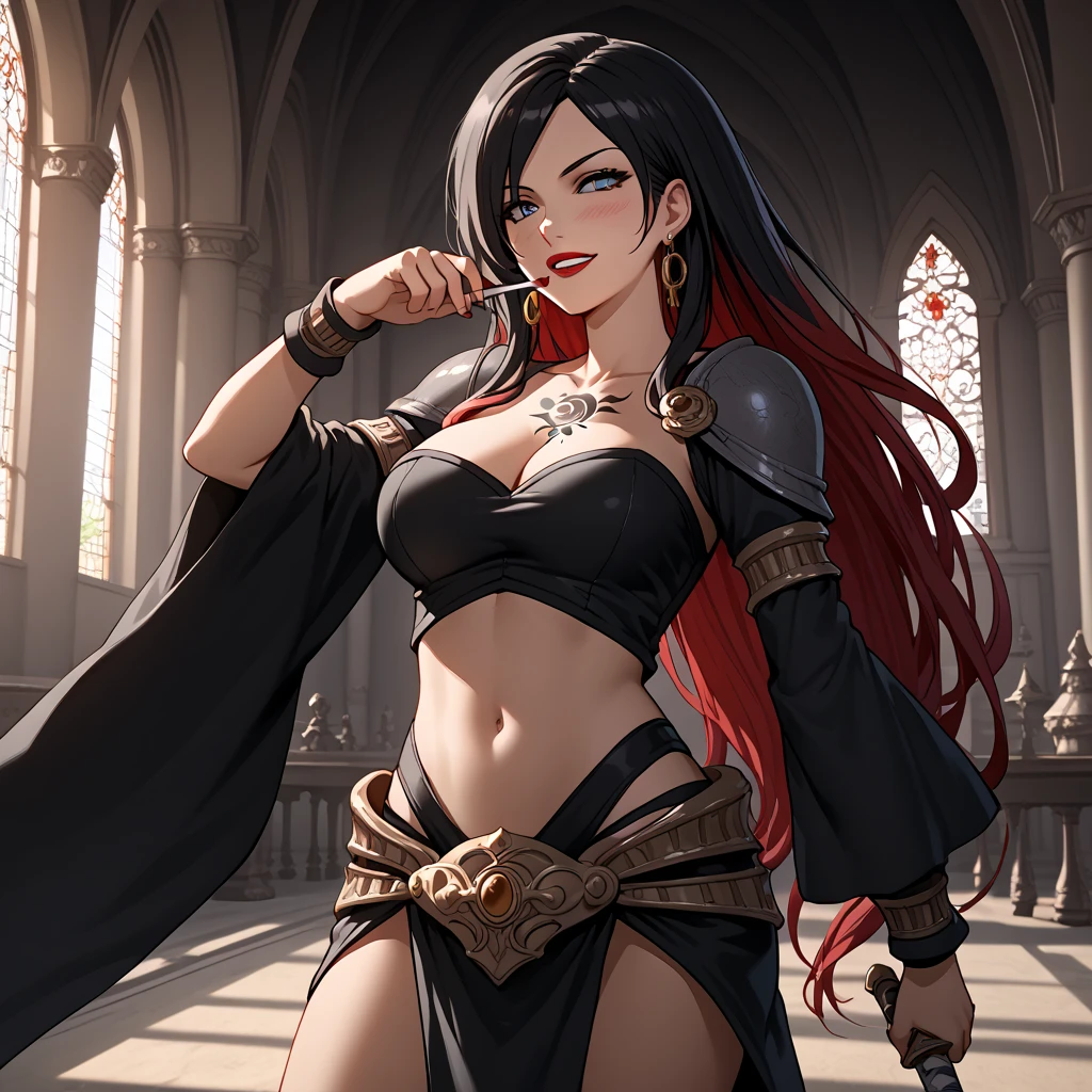 grraven, tattoo,  long hair, earrings, red lips, large breasts, ear piercing, long hair, blush, lipstick,Hot girl, baddie, smoking, sensual, attractive , masterpiece, best quality, highly detailed, fantasy , a anime girls in armored dress holding a sword
posing for a picture, evil smile, smile, open mouth, breastplate with open cleavage, cleavage, warrior
outfit, ecchi anime style, anime girls, ecchi style, (nsfw) not safe for work, ecchi, digital anime art!!, in
anime style, official artwork, visual novel cg, beautiful anime girl, anime style 4 k , loincloth, exposed
belly, exposed navel, exposed midriff, exposed lower belly, pencil skirt armored, castle,inside castle, , tattoo, tattoo midriff, rose tattoo, open arms sideway, arms T-pose, smirk, standing, anime girl T posing, shiny skin, 