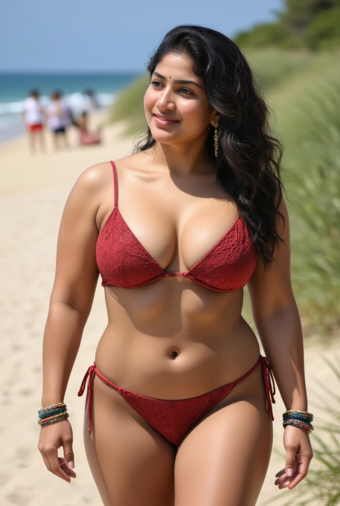 A upper body photo of a sexy, curvy slim dusky model girl, tamanna from a normal beach setting. She's wearing a micro string bikini that hugs her figure, showcasing her thick muscular thighs. She has very big saggy . Her confident smirk radiates charisma as she stands in a natural beach, her large earrings catching the light. Detailed skin texture, DSLR quality, cinematic lighting, and intricate accessories all come together to capture her allure in this full-body view, (((large breasts))), (((deep open neckline))), (((long waist))), (((bracelets))), (((wide hip))), (((string micro bikini))), (((big saggy )))effortlessly chic, palewave --ar 9:16 --stylize 750 --v 6,sexy bikini,TamannaFlux