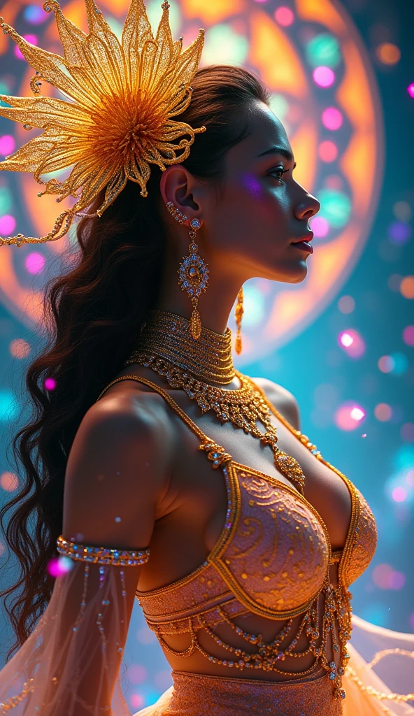 (masterpiece, top quality, best quality, official art, beautiful and aesthetic:1.2), (Latina Adult Flim Actress Daisy Marie:1.3), perfect anatomy, extremely detailed,(fractal art:1.1),(colorful:1.1)(flowers:1.3),highest detailed,(zentangle:1.2), (dynamic pose), (abstract background:1.3), (chinese dress:1.2), (shiny skin), (many colors:1.4), ,(earrings:1.4),, (vaporwave aesthetic:1.2) . concept art illustration, smooth, colorful