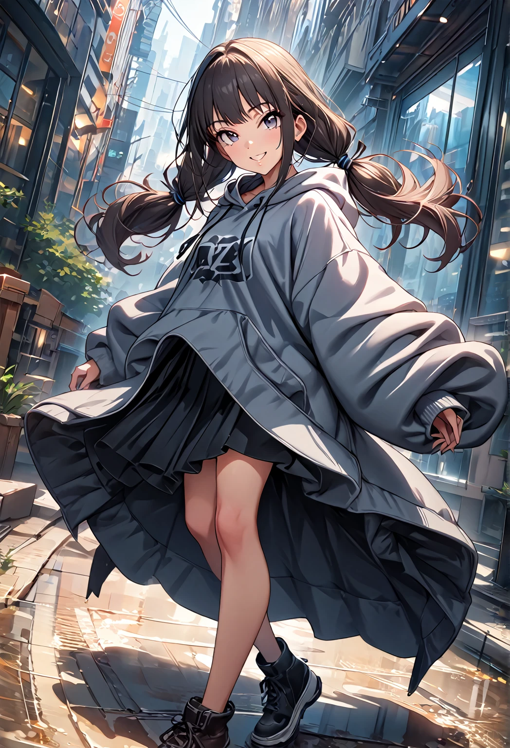 (masterpiece:1.2,  best quality), ( high definition),    1 girl  , Long legs,  twin tails,  oversized hoodie,  Long Skirt, standing, smile,  Best Shadow,  shallow depth of field, (  best quality , Amazing Details:1.25), 