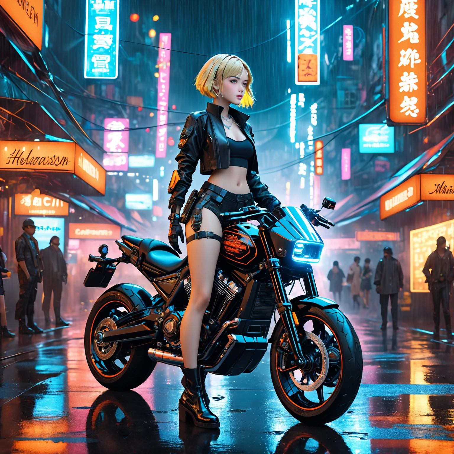 ((best quality)), ((masterpiece)), (detailed), 1girl, 8k_wallpaper, extremely detailed eyes, (large masterpiece digital art), (intricate details:1.3 ), (ultra-detailed:1.3), (sharp focus:1.3), (natural lighting:1.05), (vivid colors:1.3), (best quality:1.4), high quality, expressive eyes, full body, detailed face, beautiful face, perfect face, ((blonde hair)), (gold eyes), {{dark skin}}, ({dark skinned female}), big breasts, huge chest, outlines of nipples under clothing, powerful strong and prominent muscles of the abdomen and legs, powerful arm muscles, a hard serious look, a predatory half-smile, dressed in an open black coat thrown over a transparent thin blouse, a US Army military badge hanging between her breasts in the cleavage, black leather mini shorts, short Victorian-style boots with a steel platform and long heels, standing near a sports motorcycle on background of a night city in cyberpunk style,